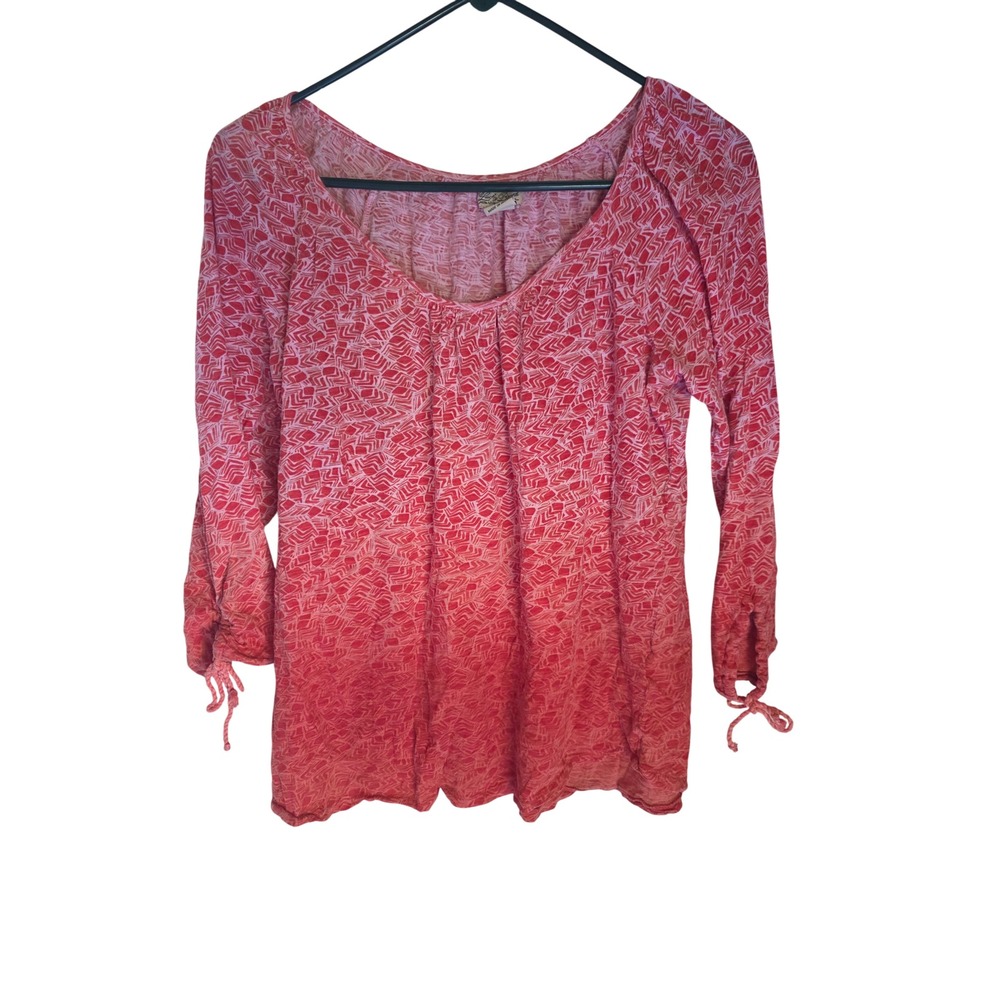 Lucky‎ Brand Red Pink Ombre Geometric Cotton Top Long Sleeve Tie Cuff Womens L